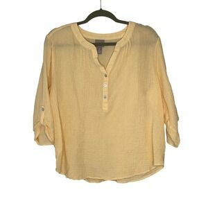 Chico's Women's Blouse Size 3 US XL Yellow 3/4 Sleeve Button Up Cotton Gauze Top